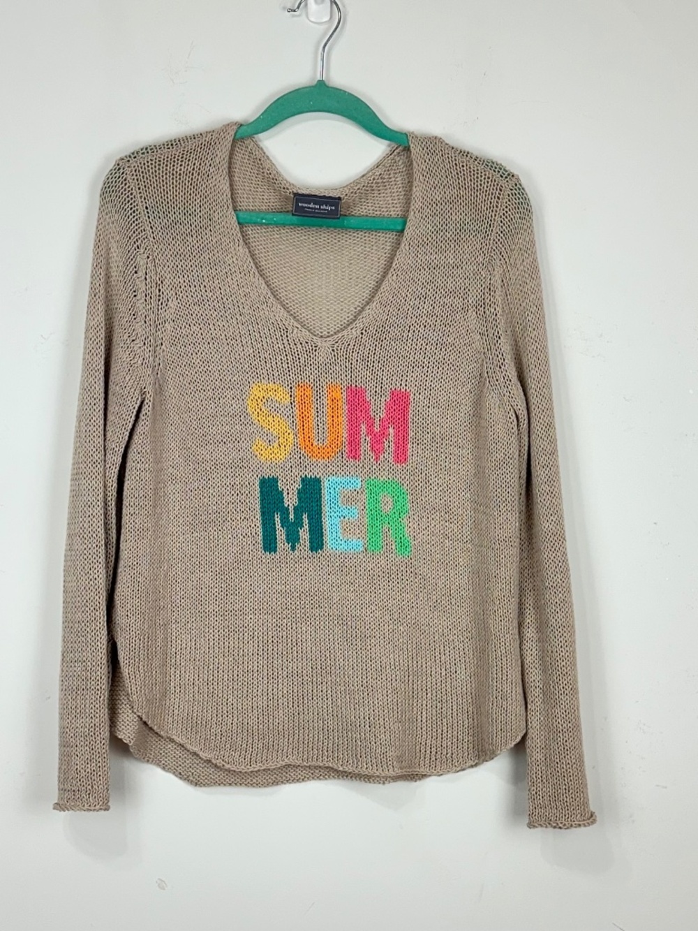 Wooden Ships Womens "Summer" V-Neck Knit Sweater S/M Beach Colorful
